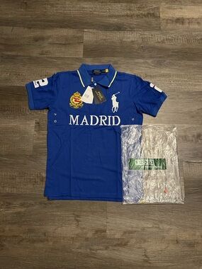 1:1 Ralph Lauren Polo Shirt in Royal Blue with White logo that says MADRID
